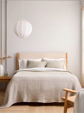 NWOT Organic Cotton Taupe Channel Stitched Coverlet (ONLY) - Retail $140